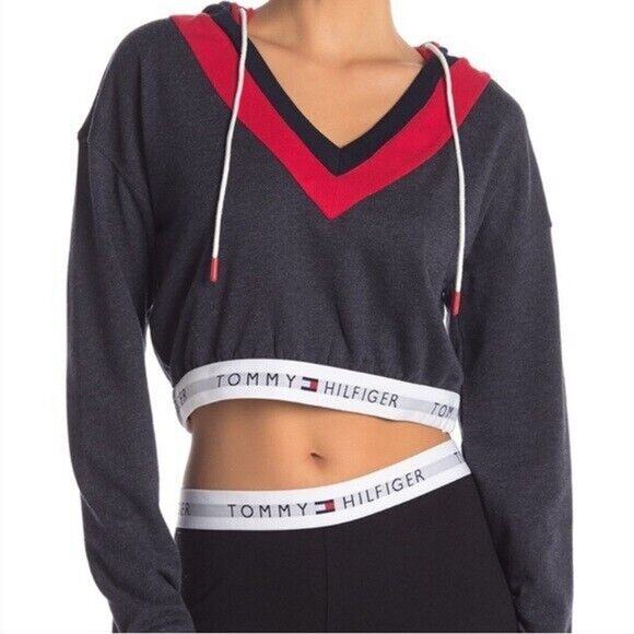 Womens Tommy Hilfiger Retro Cropped Lounge Hoodie Sz Small Sweatshirt V-Neck NEW - Picture 2 of 11